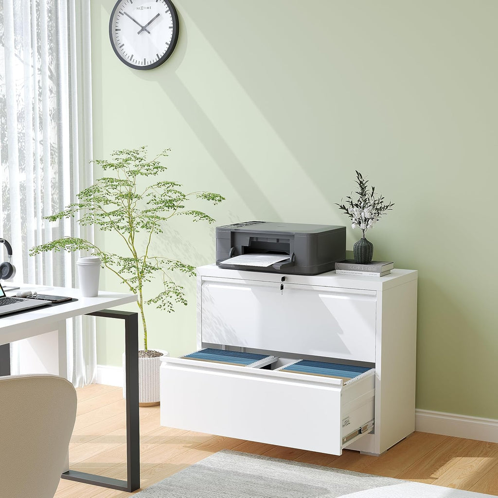 2 Drawer Lateral File Cabinet with Lock, Metal Filing Cabinets for Home Office, Steel Storage Wide File Cabinet for Letter/Legal/F4/A4 Size with Hanging Bars, Assembly Required (White)