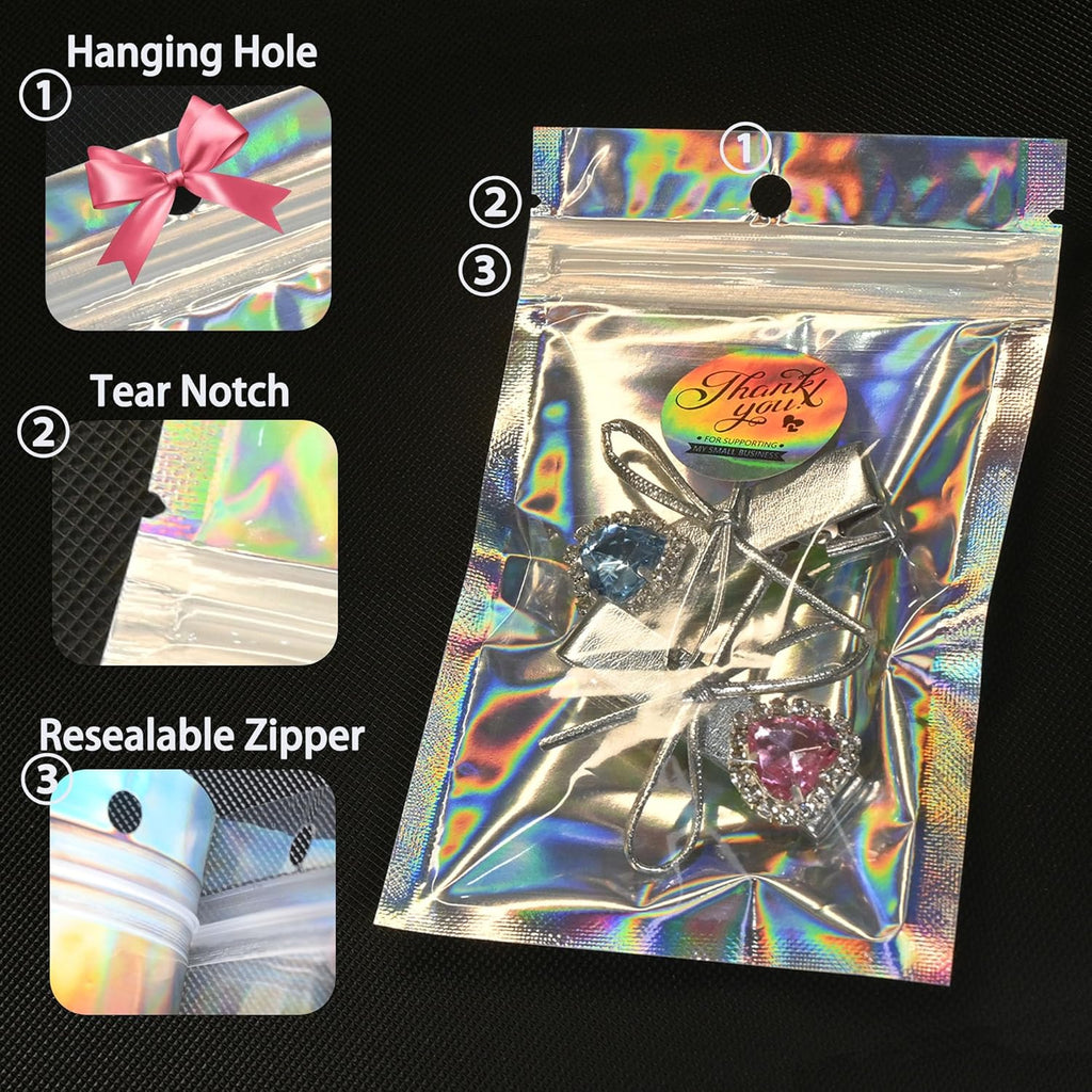100 Pack Holographic Resealable Plastic Bags for Food Storage, Zipper Bags with Clear Front Window, Packaging Pouch for Small Business (100 Pack, 3x4.8 inch)