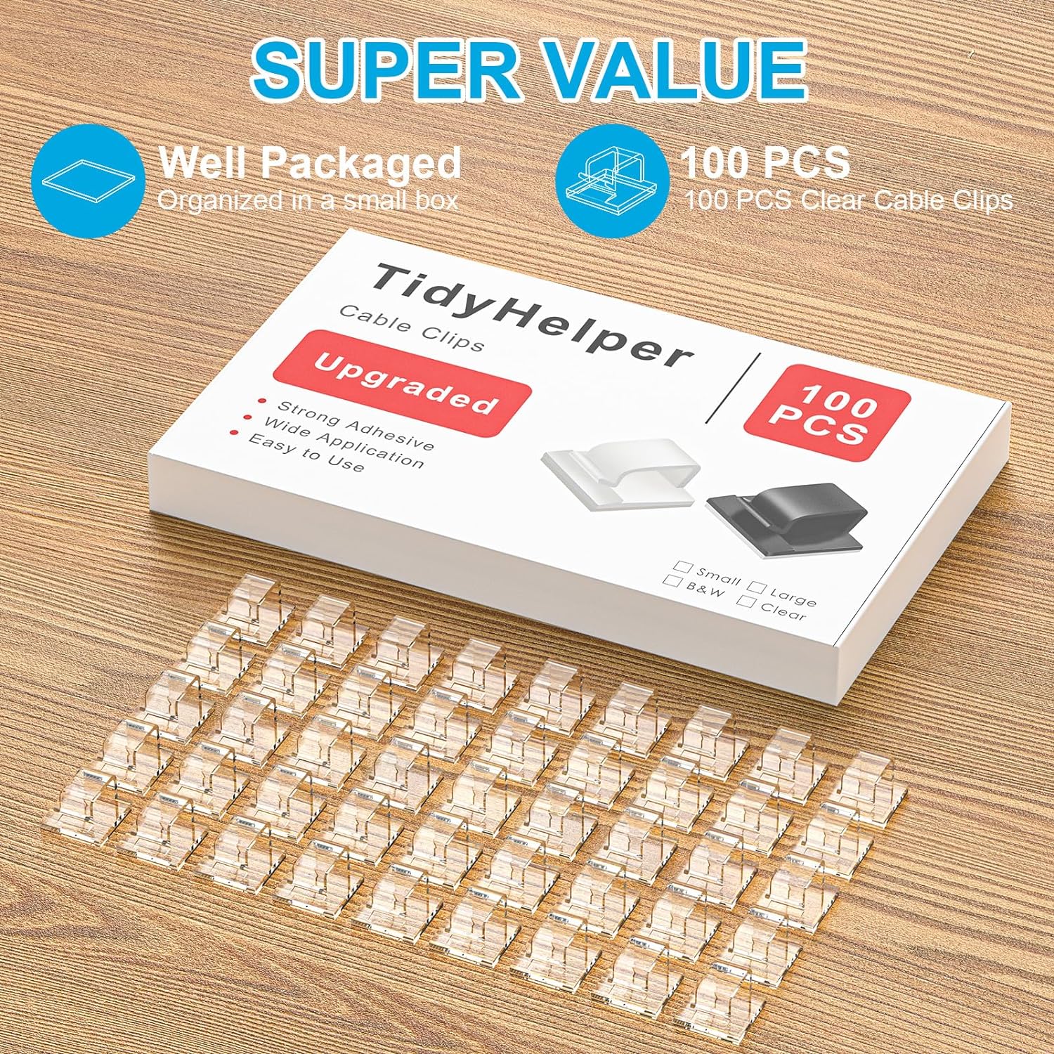 100 PCS Outdoor Light Clips for Christmas Lights (Large, Clear), Adhesive Cable Clips for Cable Management Under Desk, Wall Wire Holders Hooks Cord Organizer for LED Lights, Car, PC