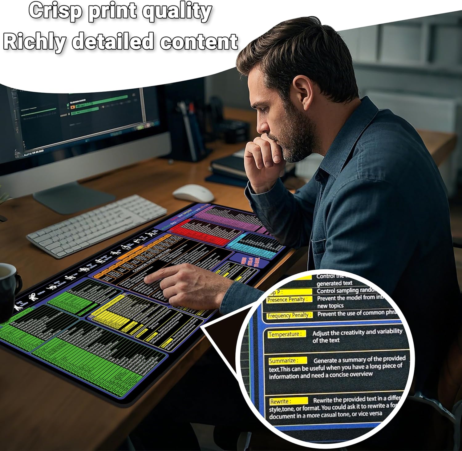 Mouse Pad with Excel, Word, Shortcuts – Excel Cheat Sheet Desk Pad – Portable Computer Mousepad – Gaming, Office, Waterproof, Non-Slip, Stitched Edges 31.5 x 11.8inches x 3mm