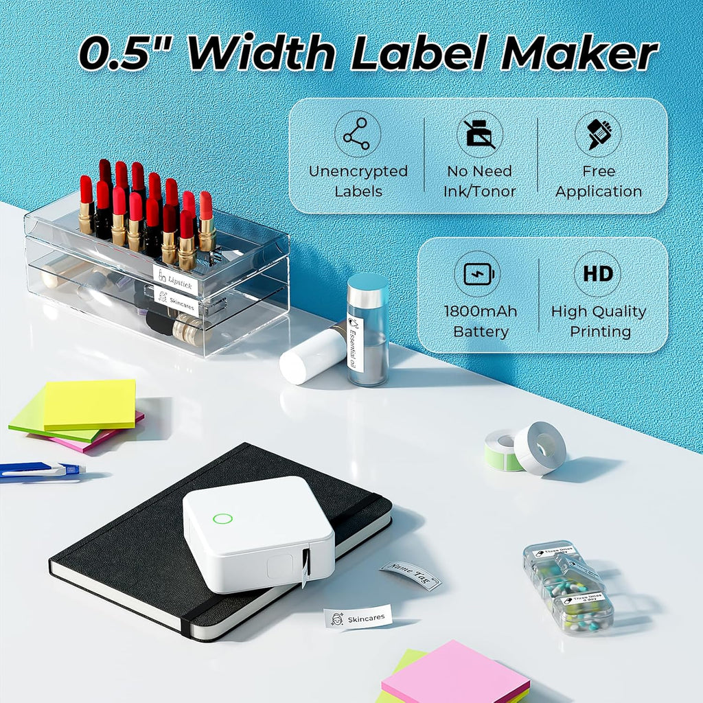 Label Maker Machine with Tape P0 Rechargeable Bluetooth Mini Label Printer Portable Small Thermal Labeling Machine Easy to Use for Home Office School Organization Battery Included White