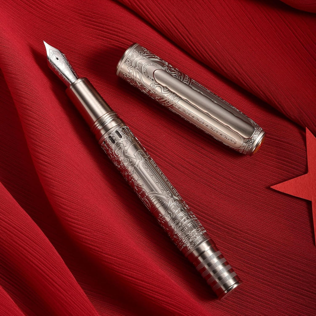 Hongdian 100 Piston Fountain Pen Silver Steel, Iridium Medium Nib Calligraphy Pen, Smooth Writing Pen with Pen Case Set