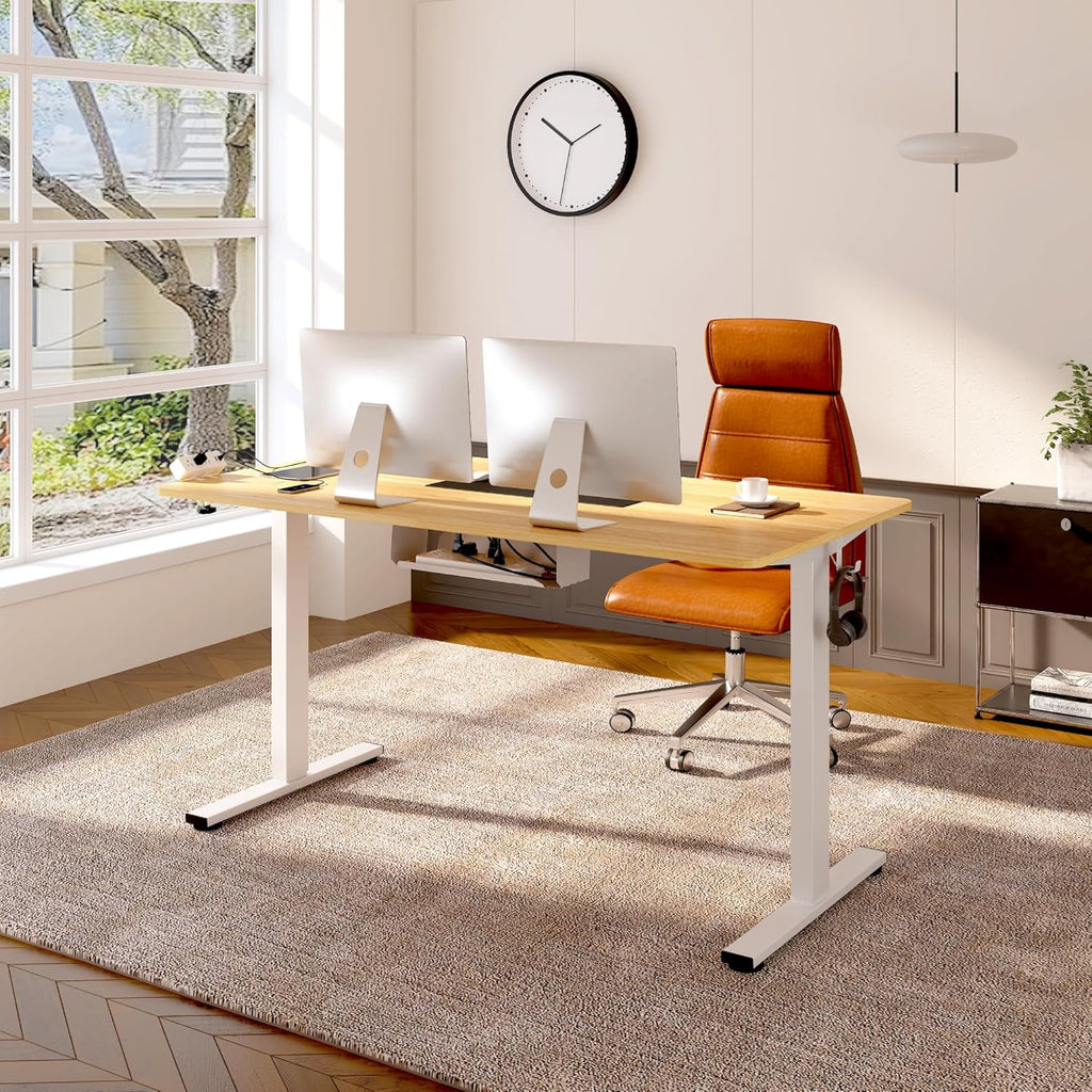 FLEXISPOT EN2 Whole-Piece Standing Desk with Clamp Power Strip, 60 x 24 Electric Stand Up Height Adjustable Desk with Cable Management (White Frame + 60" Maple Top, 2 Packages)