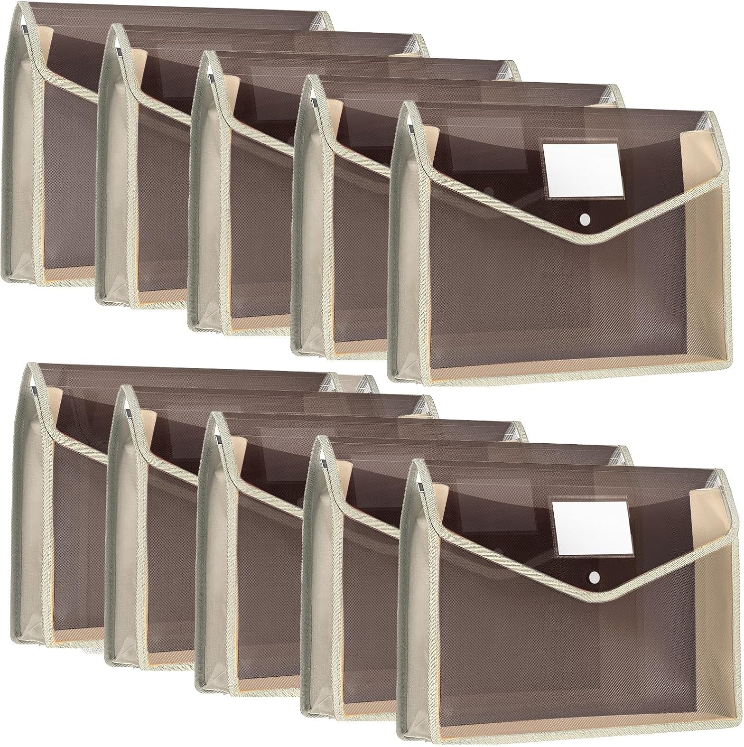 10 Pieces Plastic File Folders Envelope Expanding File Wallet Organizer Documents Folder with Snap Closure and Pocket, A4 Size Waterproof Transparent Pouch(Khaki,Horizontal)