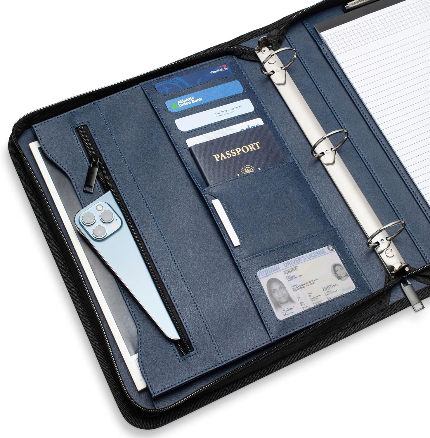 Portfolio Organizer - 3 Ring Binder with Notepad - 1.5 Inch Rings - Zippered Storage Pockets for Papers, Travel Documents, Presentation Folder, Cards, Passport, Tickets - Blue