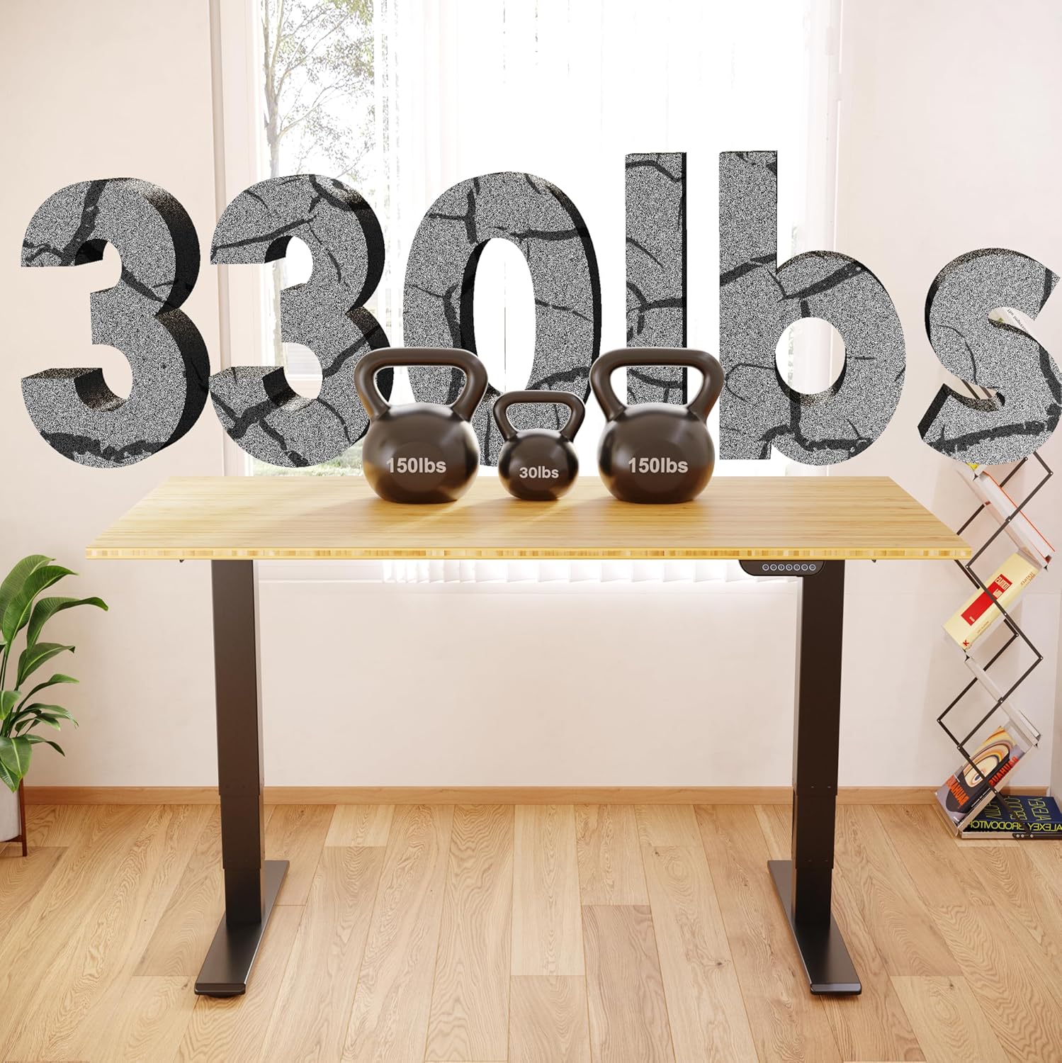 FLEXISPOT E6 MAX Bamboo Dual Motor 3 Stages Standing Desk 55x28 Inch Whole-Piece Board Electric Height Adjustable Stand Up Desk 150KG Load Capacity(Black Frame + Bamboo Desktop)