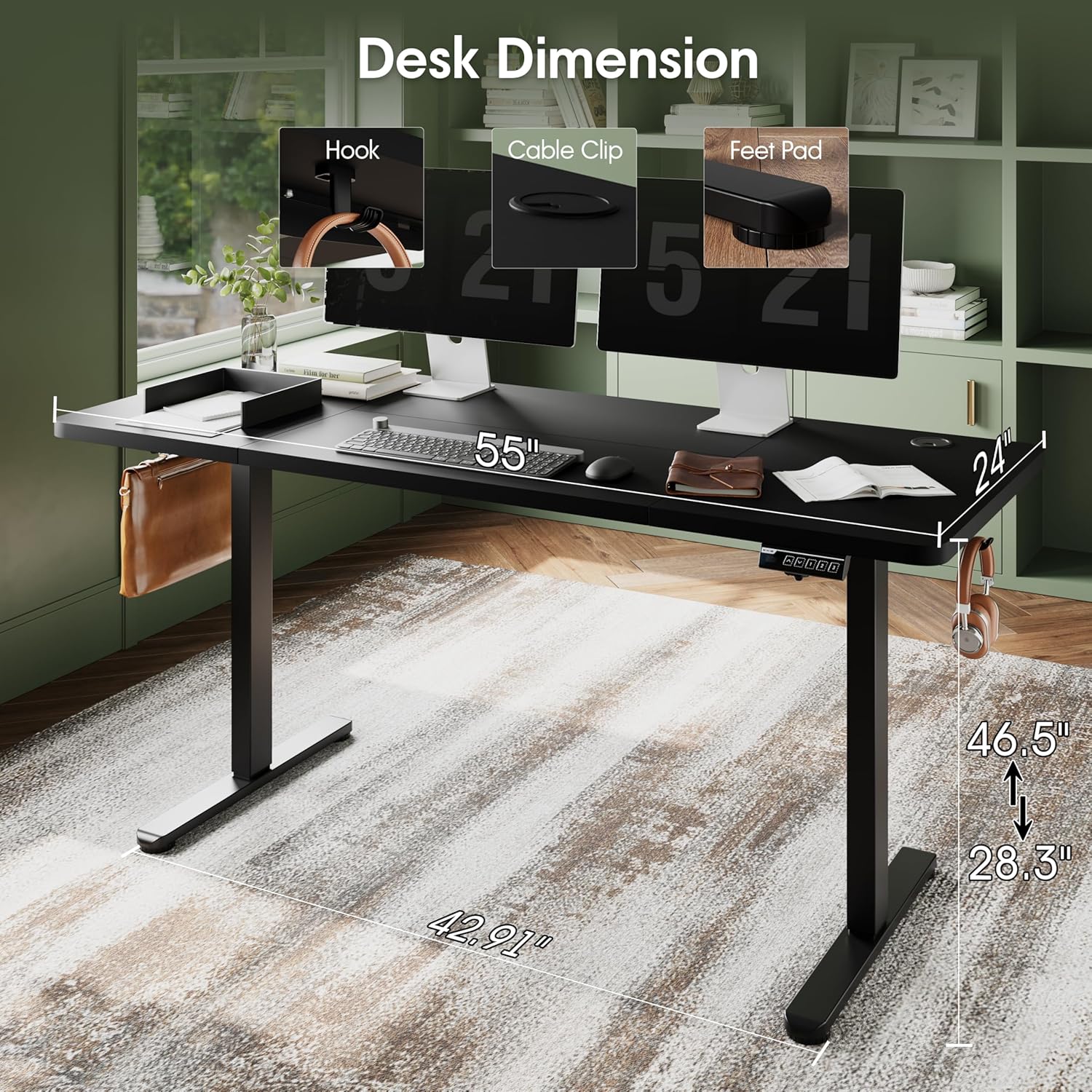 Monomi Electric Height Adjustable Standing Desk, 55x24 Inches, Ergonomic Home Office Sit/Stand Up Desk (Black Steel Frame/Black Top)