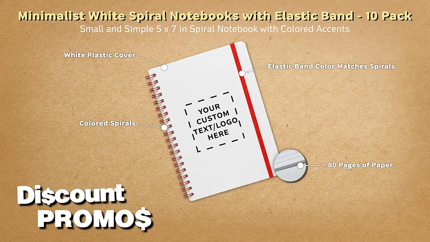 10 White Spiral Notebooks with Elastic Band Pack - Customizable Text, Logo - 80 lined pages, Recycled - Red