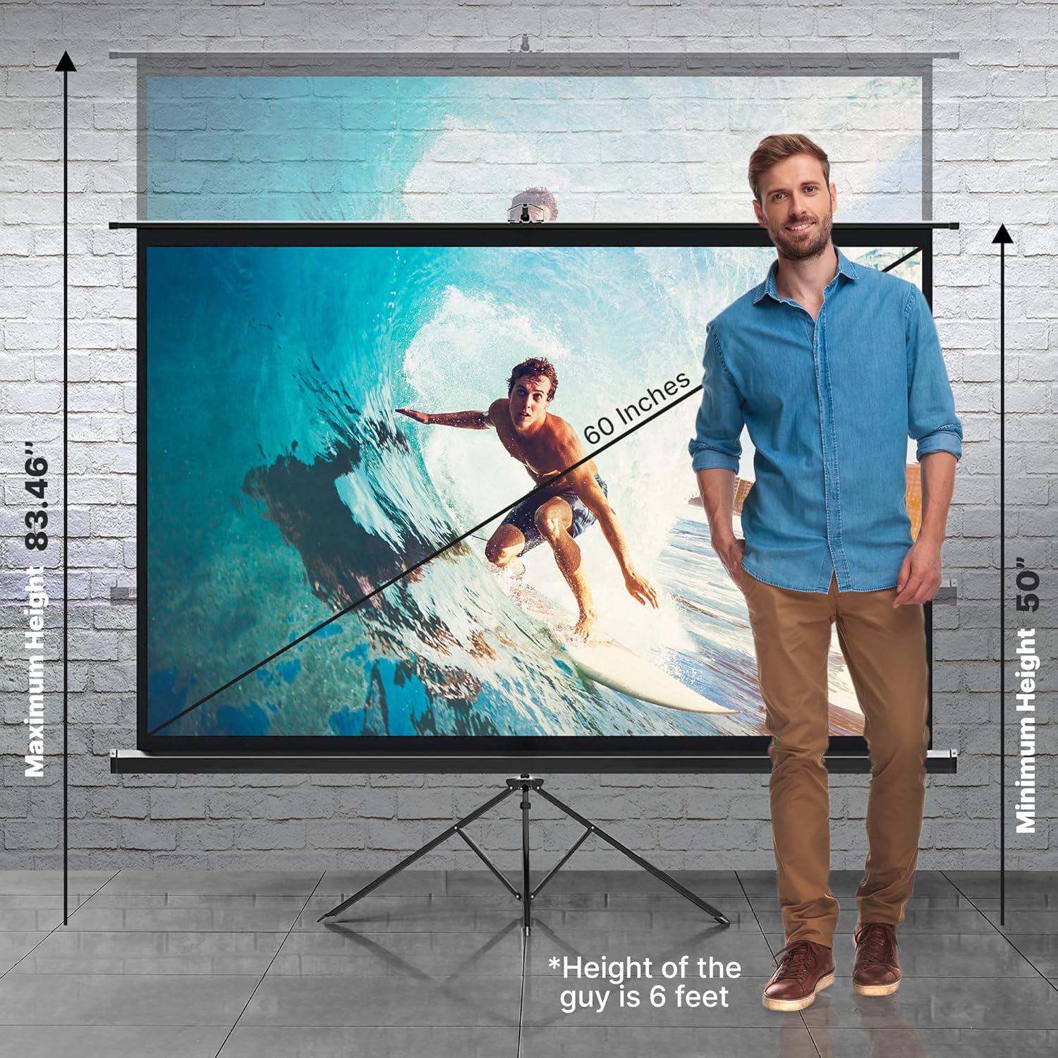 Pyle 60 Inch Portable Projector Screen with Tripod Stand – Fold Out Roll Up, HD Premium 16:9 Aspect Ratio, Matte Viewing Surface for Indoor and Outdoor Use, Perfect for Home, Office and Presentations