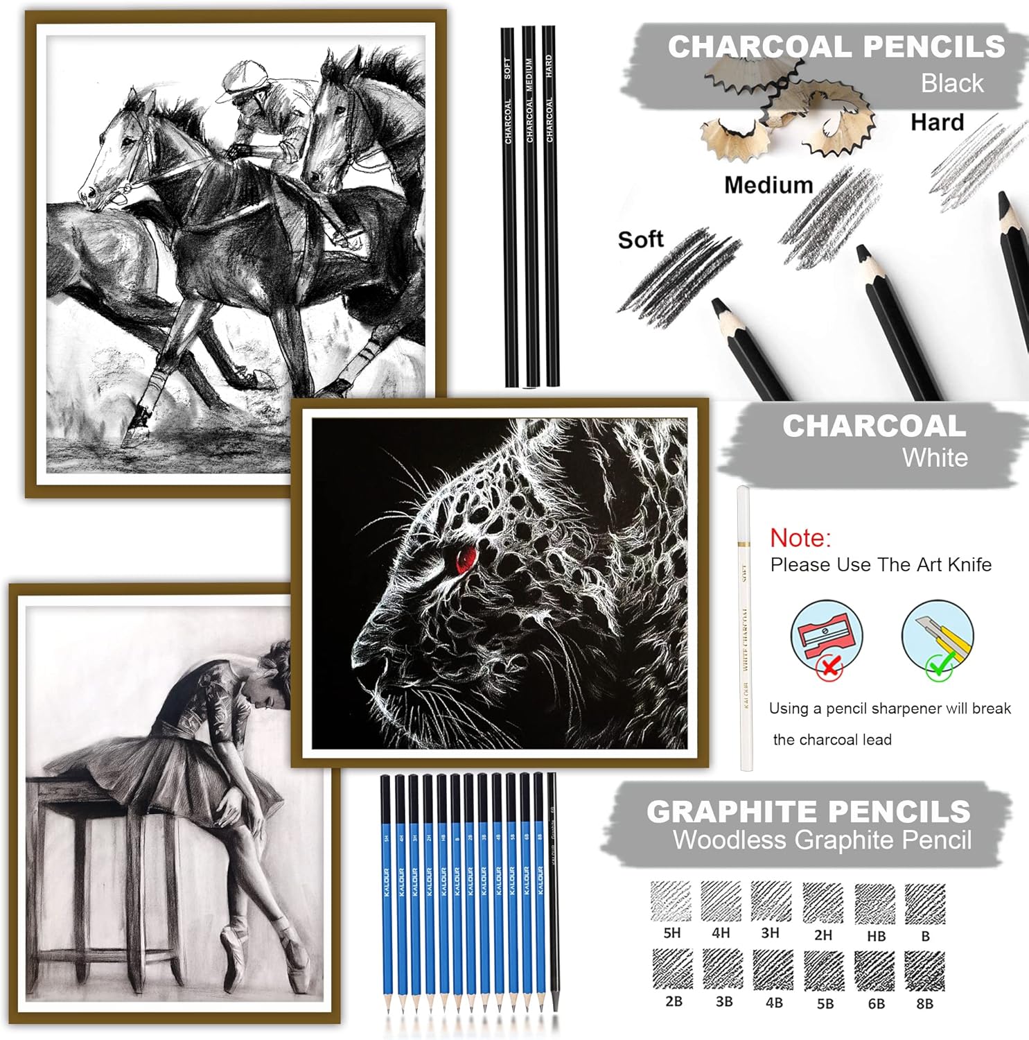 KALOUR 33 Pro Drawing Kit Sketching Pencils Set,Portable Zippered Travel Case-Charcoal Pencils, Sketch Pencils, Charcoal Stick,Sharpener,Eraser.Art Supplies for Artists Beginner Adults Teens