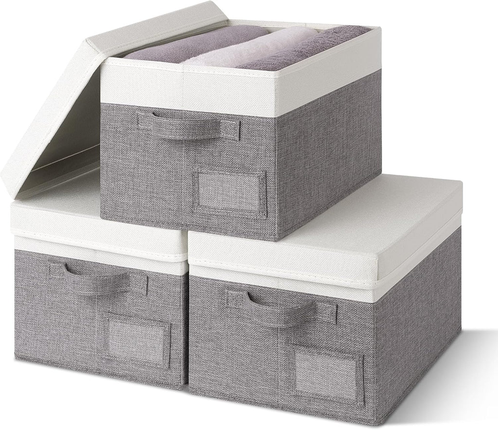 GRANNY SAYS Storage Bins with Lids, Collapsibe Clothes Organizers and Storage, Storage Baskets for Shelves, Decorative Storage Boxes with Lids, 3-Pack, Gray&Ivory