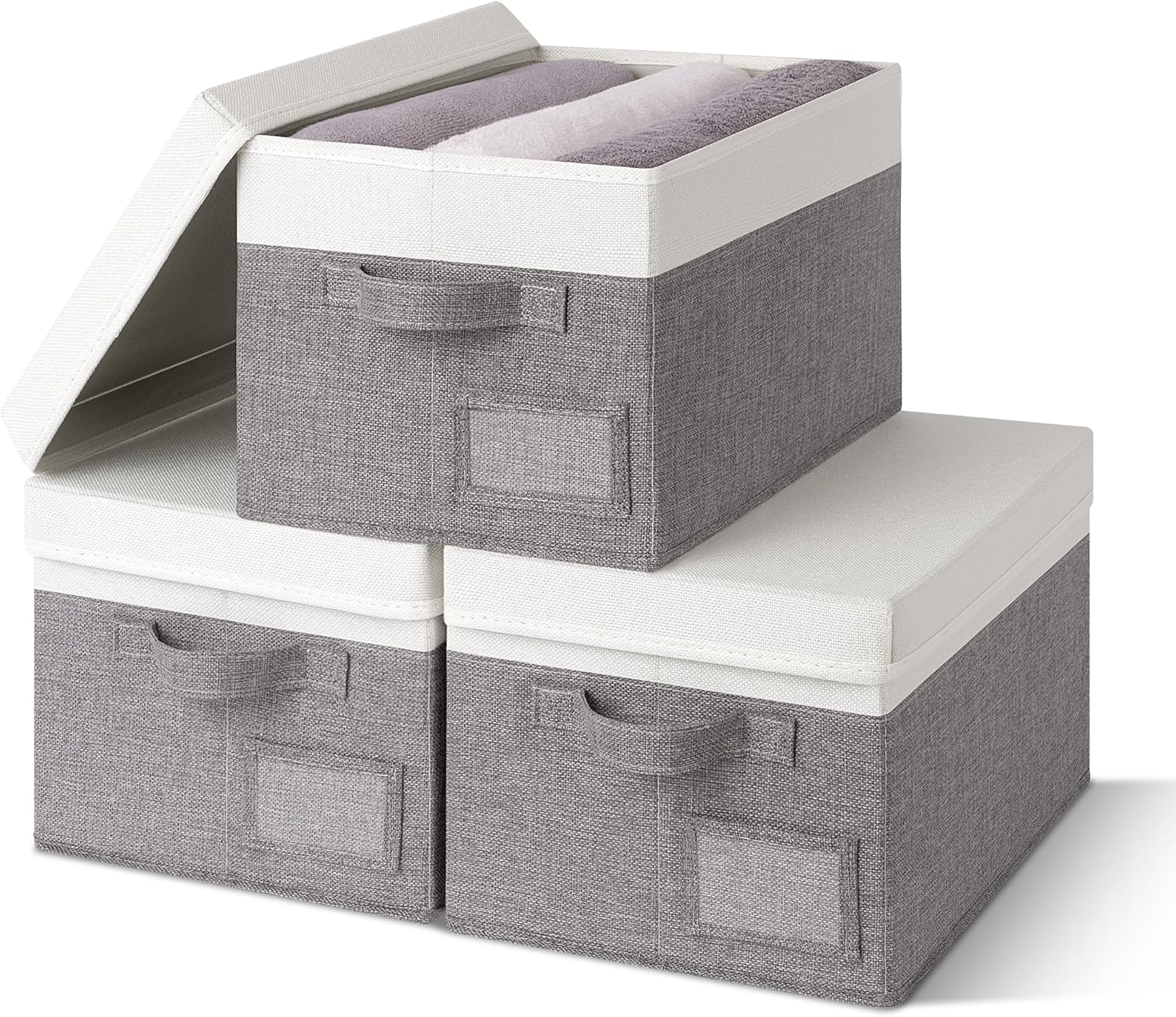 GRANNY SAYS Storage Bins with Lids, Collapsibe Clothes Organizers and Storage, Storage Baskets for Shelves, Decorative Storage Boxes with Lids, 3-Pack, Gray&Ivory