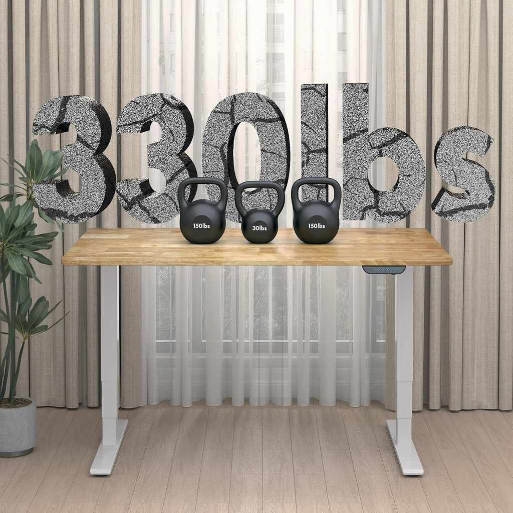 FLEXISPOT E6 MAX Rubber Wood Dual Motor 3 Stages Standing Desk 55x24 Inch Whole-Piece Board Electric Height Adjustable Stand Up Desk 150KG Load Capacity(White Frame + Rubber Wood Desktop)