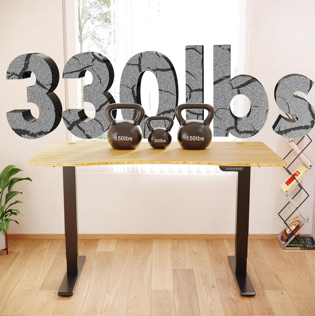 FLEXISPOT E6 MAX Bamboo Dual Motor 3 Stages Standing Desk 60x30 Inch Whole-Piece Board Electric Height Adjustable Stand Up Desk 150KG Load Capacity(Black Frame + Bamboo Curved Desktop)