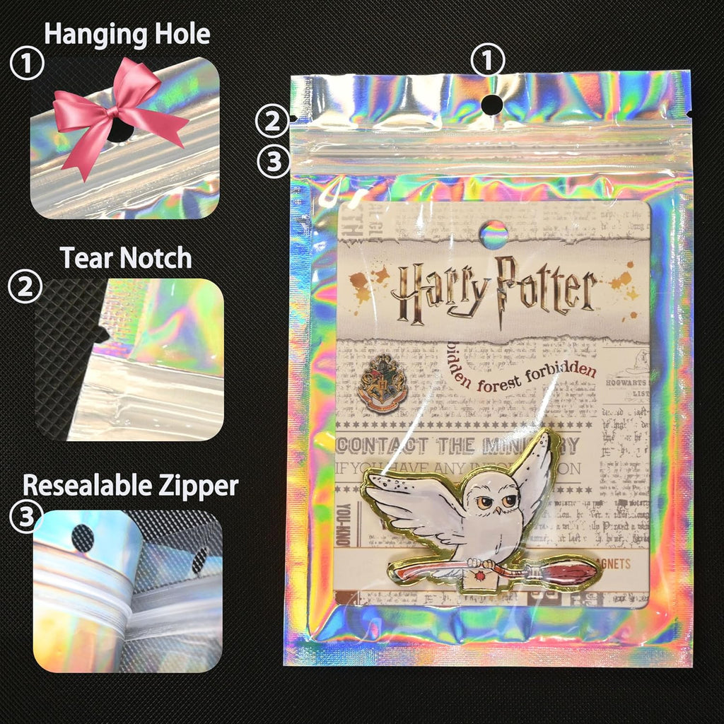 100 Pack Holographic Resealable Plastic Bags for Food Storage, Zipper Bags with Clear Front Window, Packaging Pouch for Small Business (100 Pack, 5.6x8 inch)