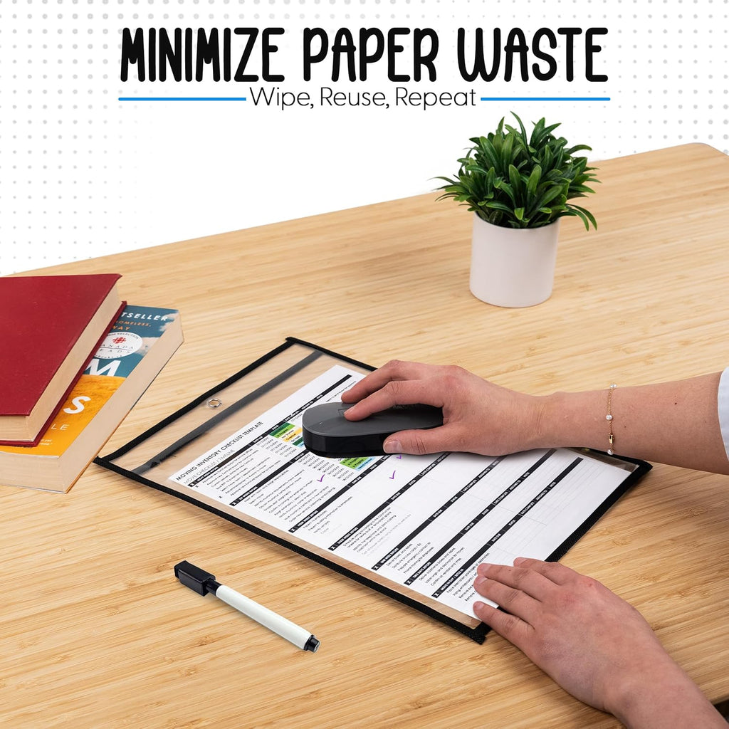 Essex Wares - 250 Pack, Black, Job Ticket Holders, 10" Wide x 13.5" Tall - Clear Plastic Shop Ticket Holders - Easy to Use, Reusable & Easy Erase Plastic Invoice Holders, Water-Resistant & Durable