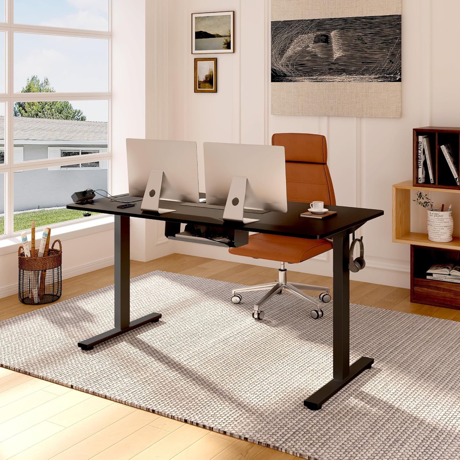 FLEXISPOT EN2 Whole-Piece Standing Desk with Clamp Power Strip, 48 x 30 Electric Stand Up Height Adjustable Desk with Cable Management (Black Frame + 48" Black Top, 2 Packages)