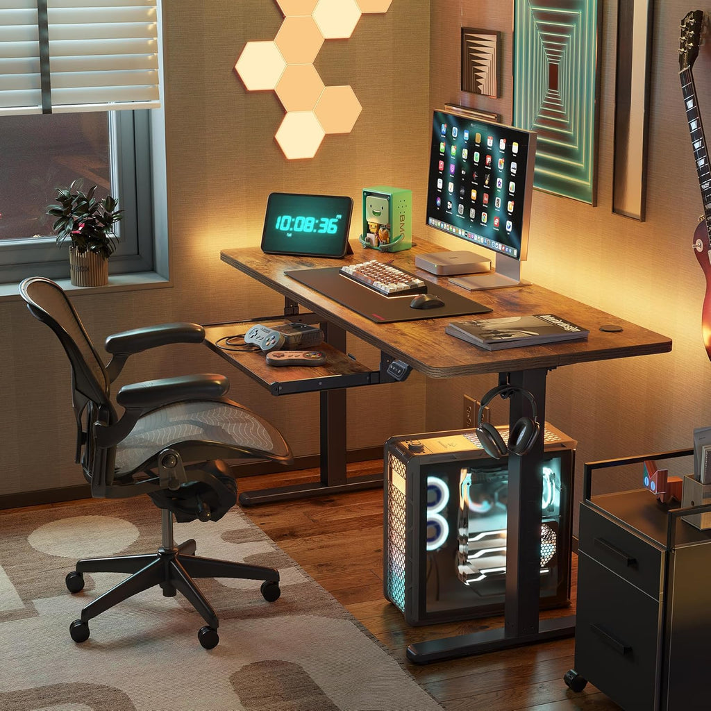 FEZIBO Standing Desk with Keyboard Tray, 48 × 24 Inches Electric Height Adjustable, Sit Stand Up Desk, Computer Office Desk, Rustic Brown