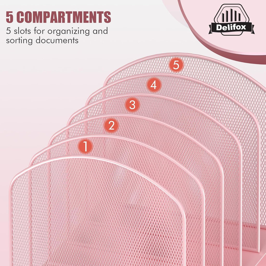 Inclined Desk File Organizer, 5-Section Vertical File Folder Holder Stand Metal Rack File Sorter for Office Classroom Desktop Organization (Pink, 2Pack)