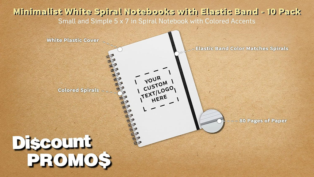 10 White Spiral Notebooks with Elastic Band Pack - Customizable Text, Logo - 80 lined pages, Recycled - Black