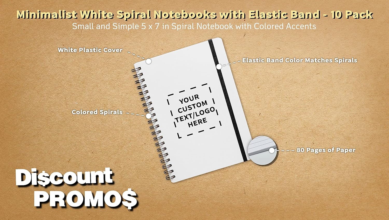 10 White Spiral Notebooks with Elastic Band Pack - Customizable Text, Logo - 80 lined pages, Recycled - Black