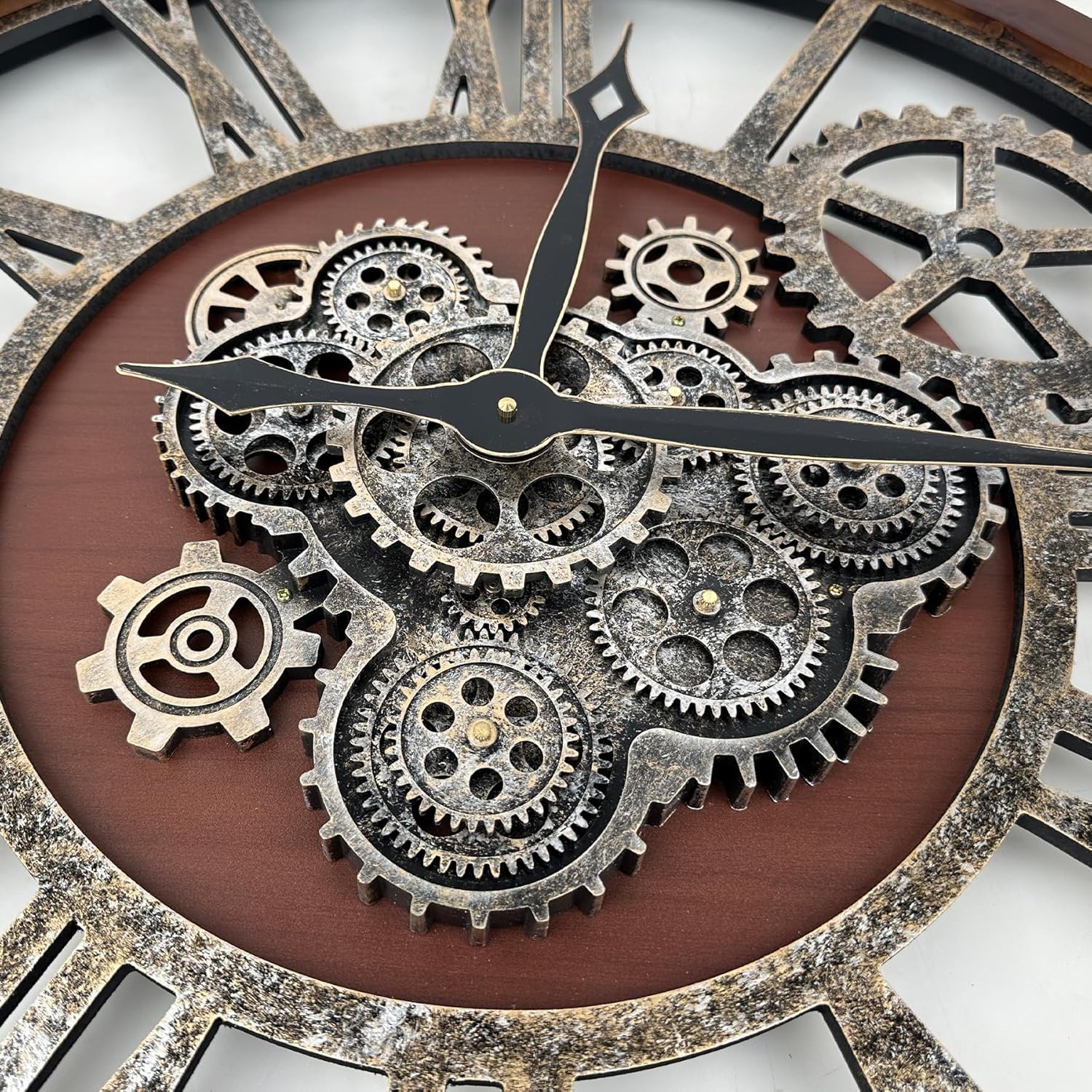 The B-Style Large Real Moving Gears Wall Clock 30 inch Rustic Retro Industrial Farmhouse Wood Clock Oversized Decorative Vintage Wall Clocks for Living Room (Walunt Wood and Bronze)