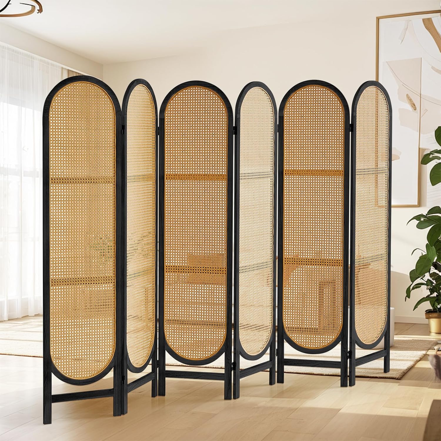 6 Panels Room Dividers and Hand-Woven Rattan Room Divider Wall, Wood Room Divider Folding Privacy Screens for Home Office Bedroom, Black