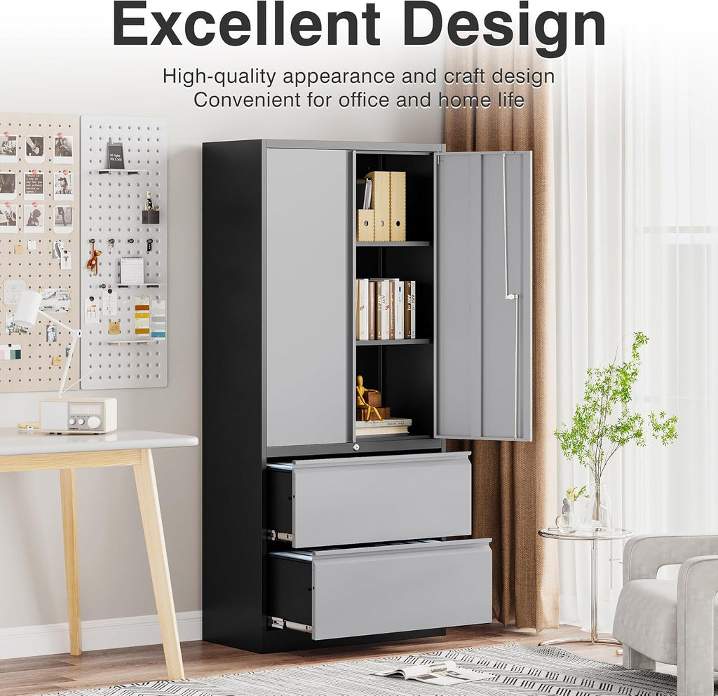 SISESOL Metal Storage Cabinet with Drawers, 71" File Cabinets for Home Office, Locking Steel Storage Cabinet with Doors and Shelves for Home, Office, Warehouse, Garage, School (Gray, 2 Drawers)
