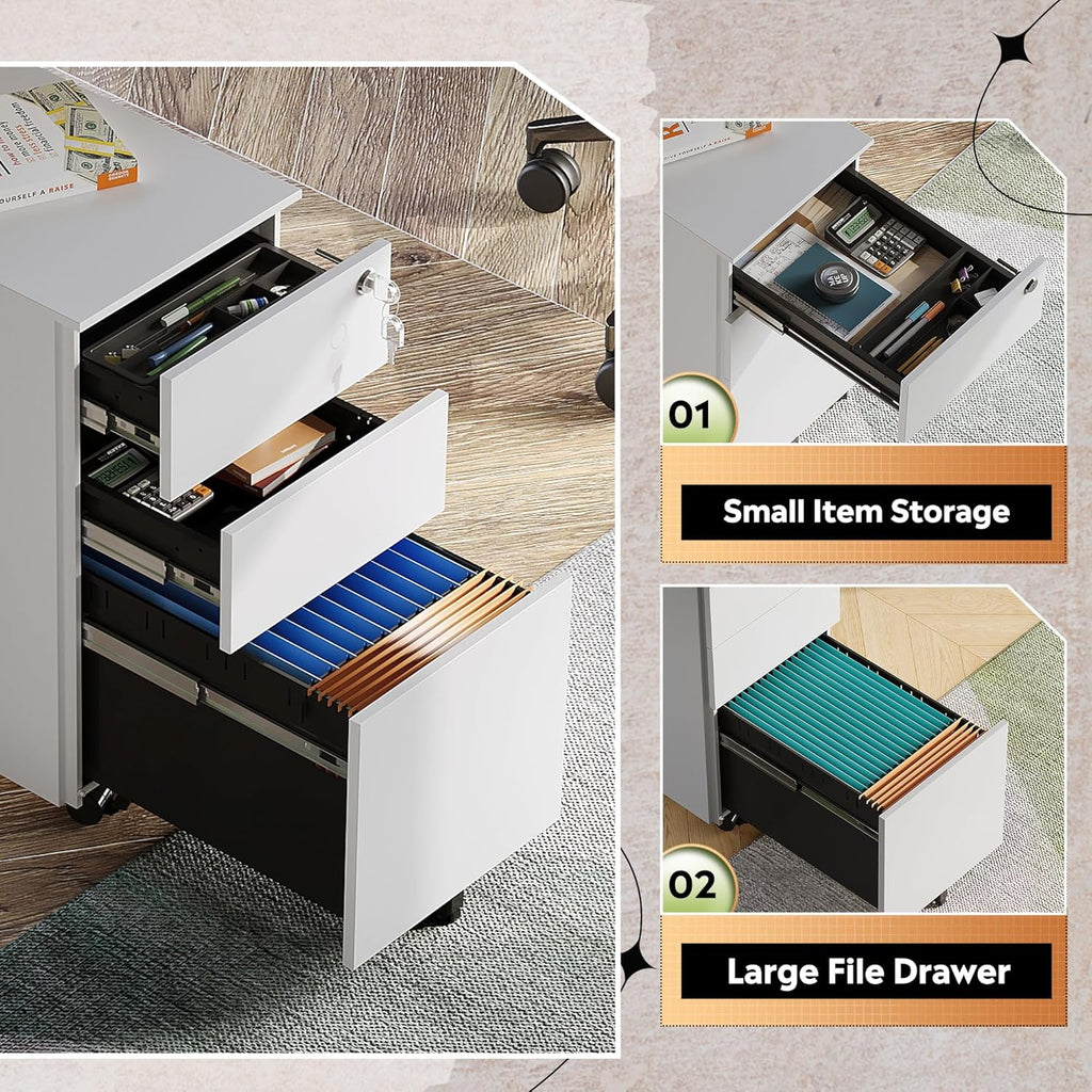 DEVAISE White File Cabinet, Small Filing Cabinet with 3 Drawers with Slim Width for Home Office, Rolling Under Desk Storage (11.8 inch)