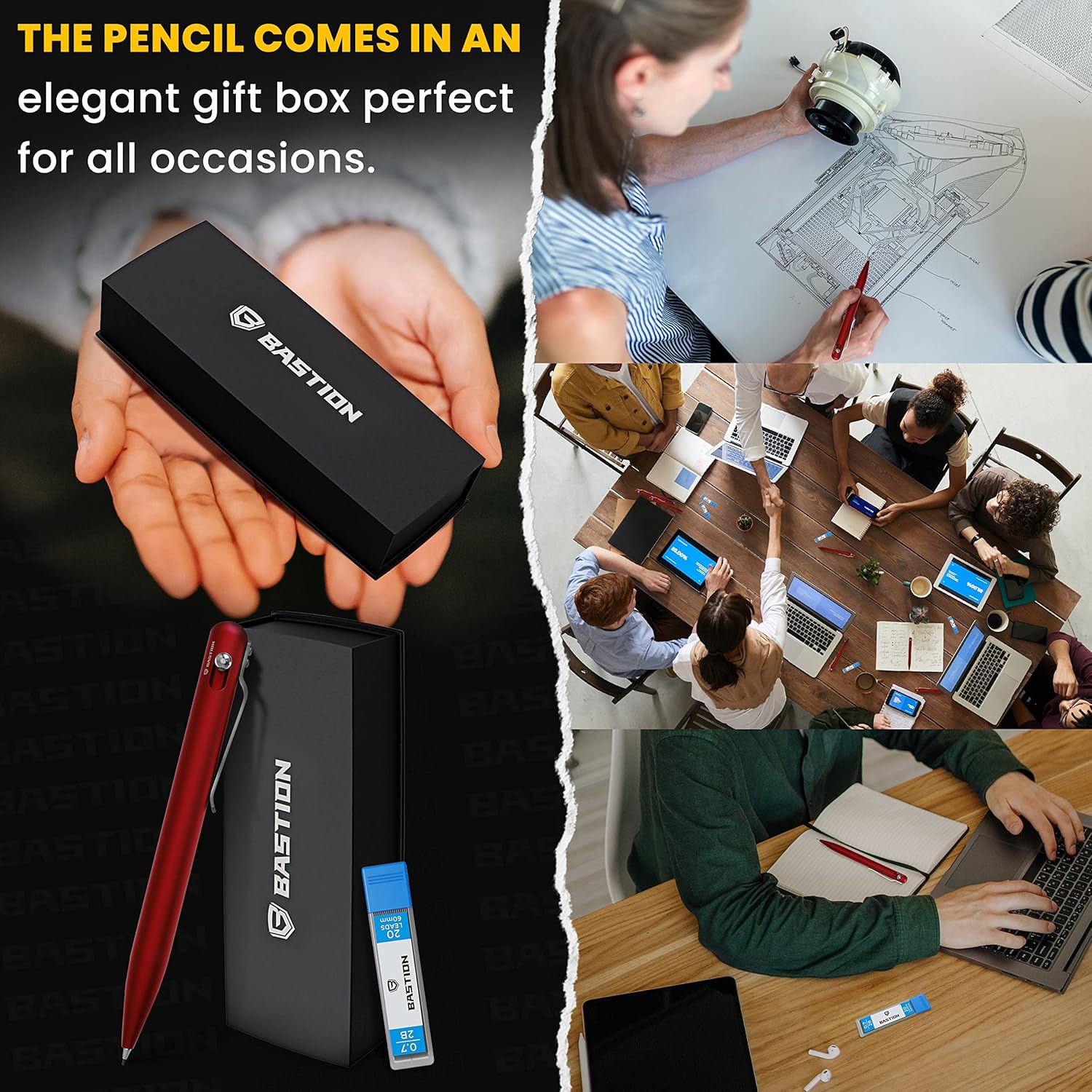 BASTION® Luxury Mechanical Pencil, Professional Lightweight Medium Point Aluminum Pencil for Birthday Gift includes 20 x 0.77mm Lead Refills - Red
