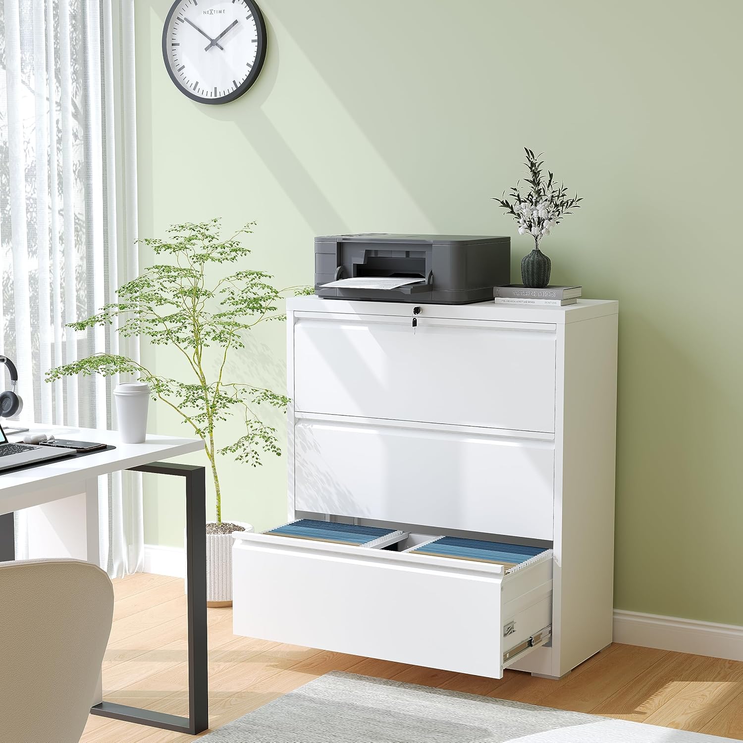 3 Drawer Lateral File Cabinet, Metal Filing Cabinets for Home Office, Steel Storage Wide File Cabinet for Letter/Legal/F4/A4 Size with Hanging Bars, Assembly Required (White)