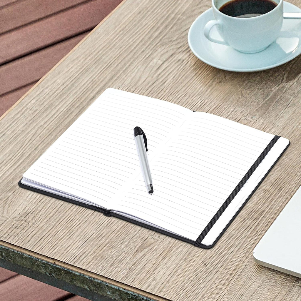 DISCOUNT PROMOS 10 Executive Notebooks with Pen Pack - 6 x 8.5 inches, Recycled, Pen Loop, Closure Strap - Black