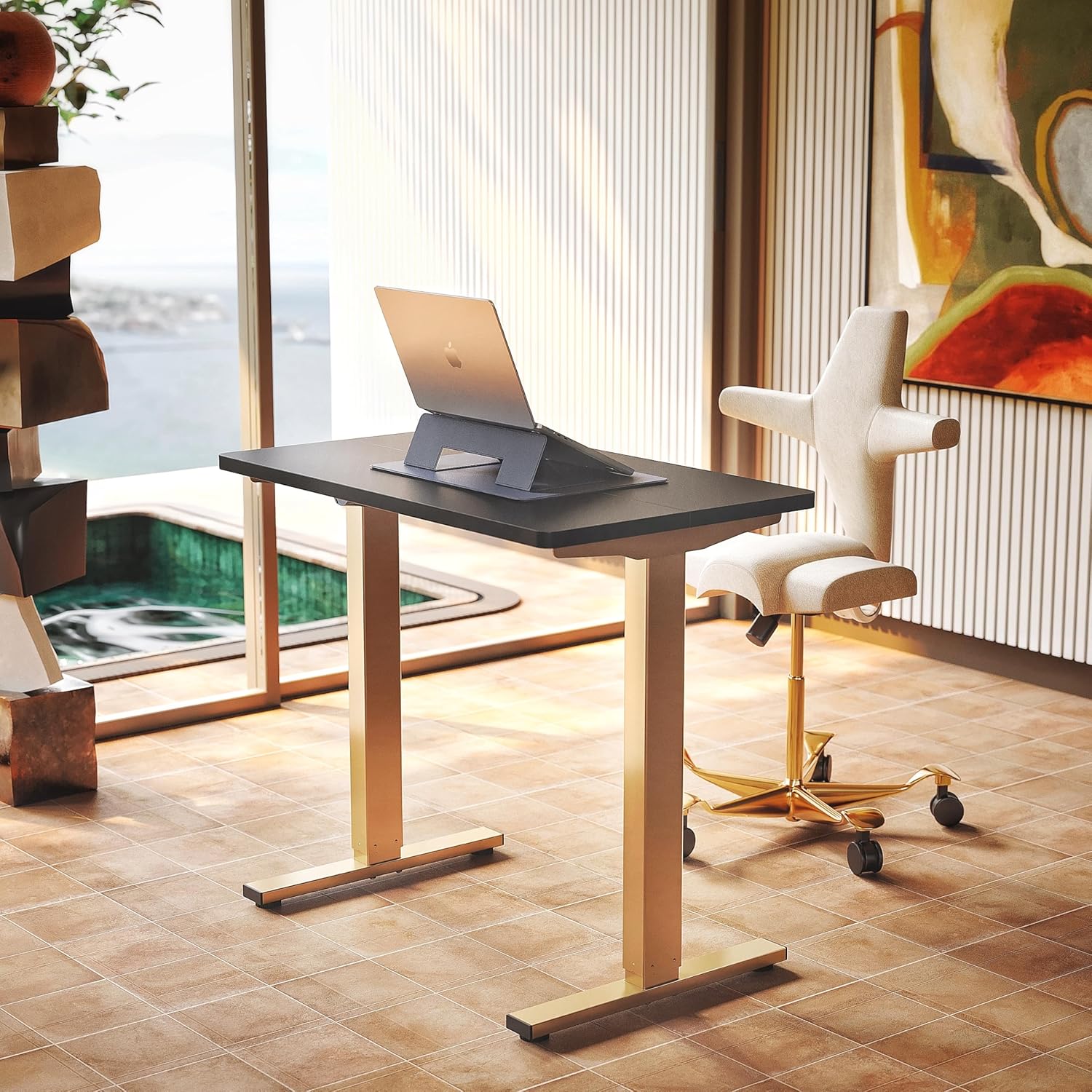HUANUO 32" Small Electric Standing Desk Adjustable Height, 4 Memory Height Settings, Sit Stand Up Desk for Home Office & Computer Workstation, Black and Gold Frame