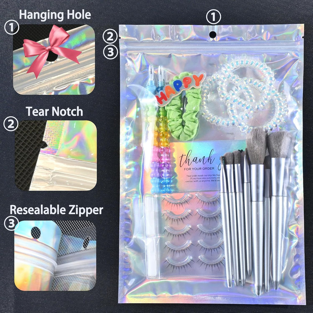 100 Pack Holographic Resealable Plastic Bags for Food Storage, Zipper Bags with Clear Front Window, Packaging Pouch for Small Business (100 Pack, 8x12 inch)