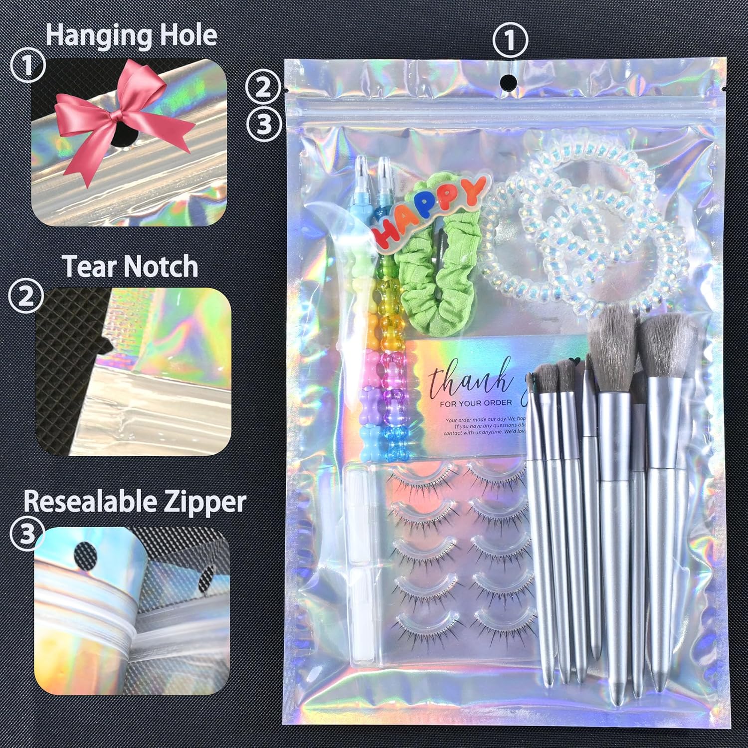 100 Pack Holographic Resealable Plastic Bags for Food Storage, Zipper Bags with Clear Front Window, Packaging Pouch for Small Business (7.2x10.4 inch)