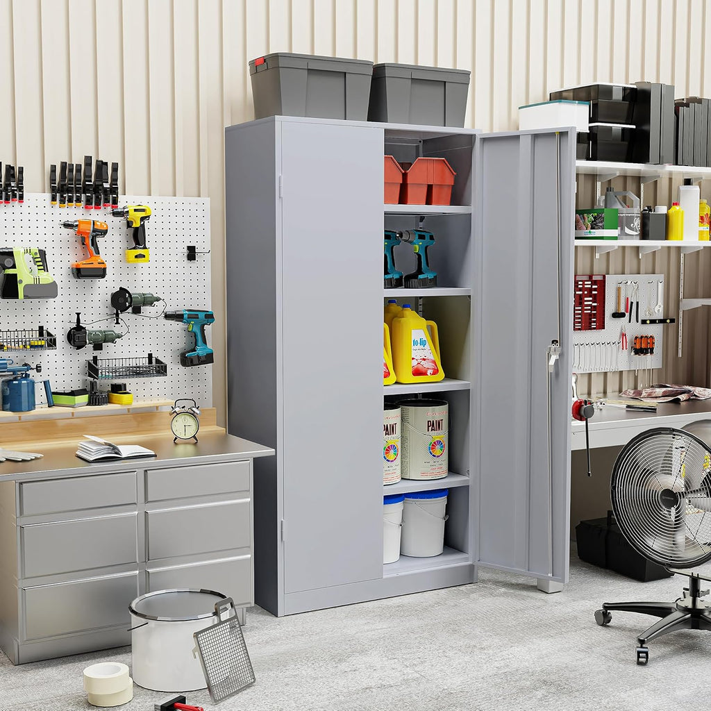 SUNCROWN 72" Metal Storage Cabinet - Heavy-Duty Metal Garage Cabinet with 4 Adjustable Shelves & 2 Doors for Tools, Office, Home, Workshop,Cement Grey