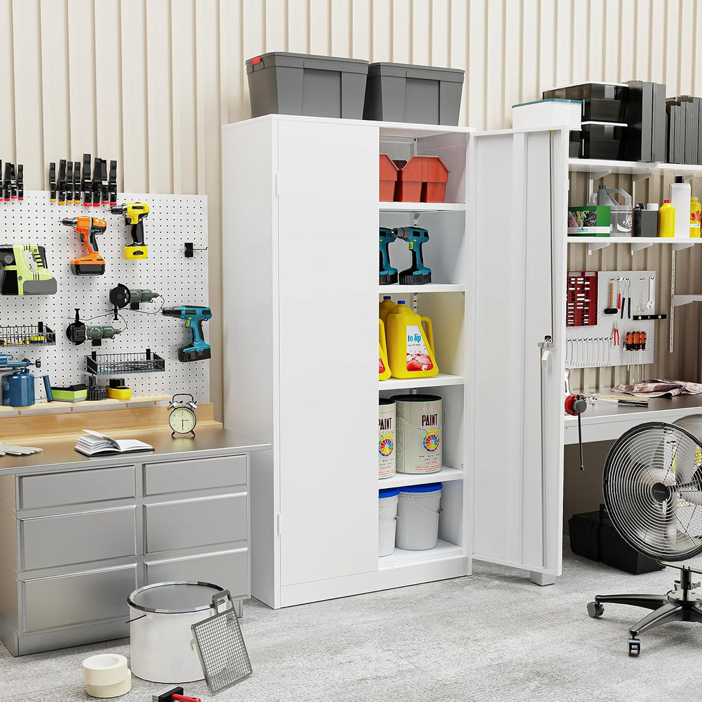 SUNCROWN 72" Metal Storage Cabinet - Heavy-Duty Metal Garage Cabinet with 4 Adjustable Shelves & 2 Doors for Tools, Office, Home, Workshop,White