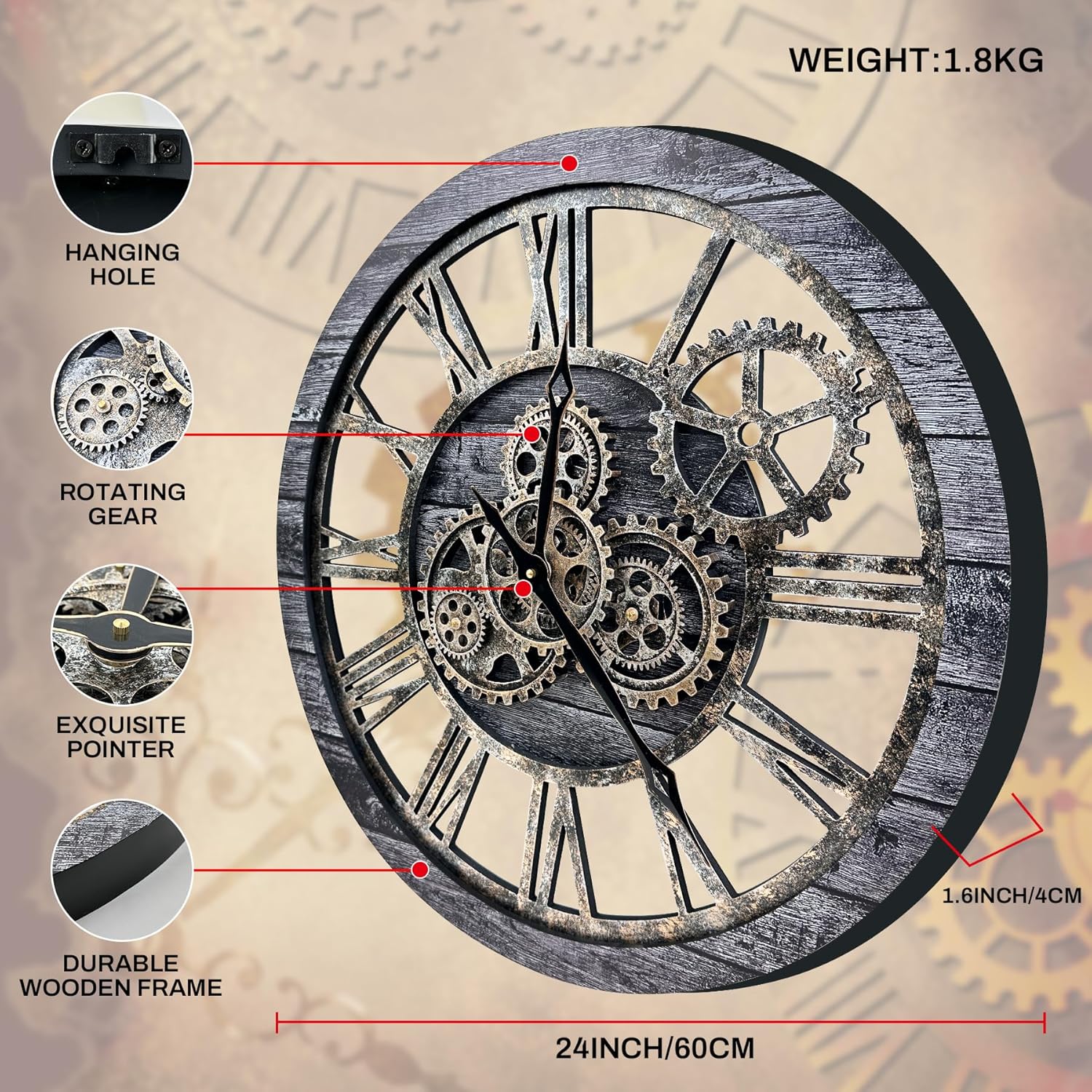 The B-Style Large Wall Clock 24 inch Moving Gear Wall Clock Oversized Vintage Farmhouse Wall Clocks for Living Room Decor Rustic Industrial Wood Clock (Carbon Gray, 36 inch/90cm)