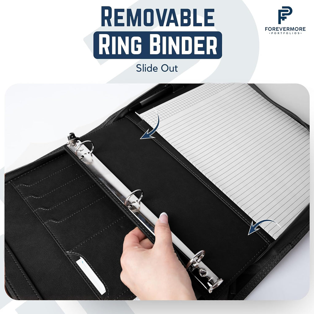 Padfolio Binder - Professional Faux Leather Travel Organizer Pouch for Tablet, Documents, Presentation Folders, Zipper Closure, Removable 3-Ring Notepad - Black