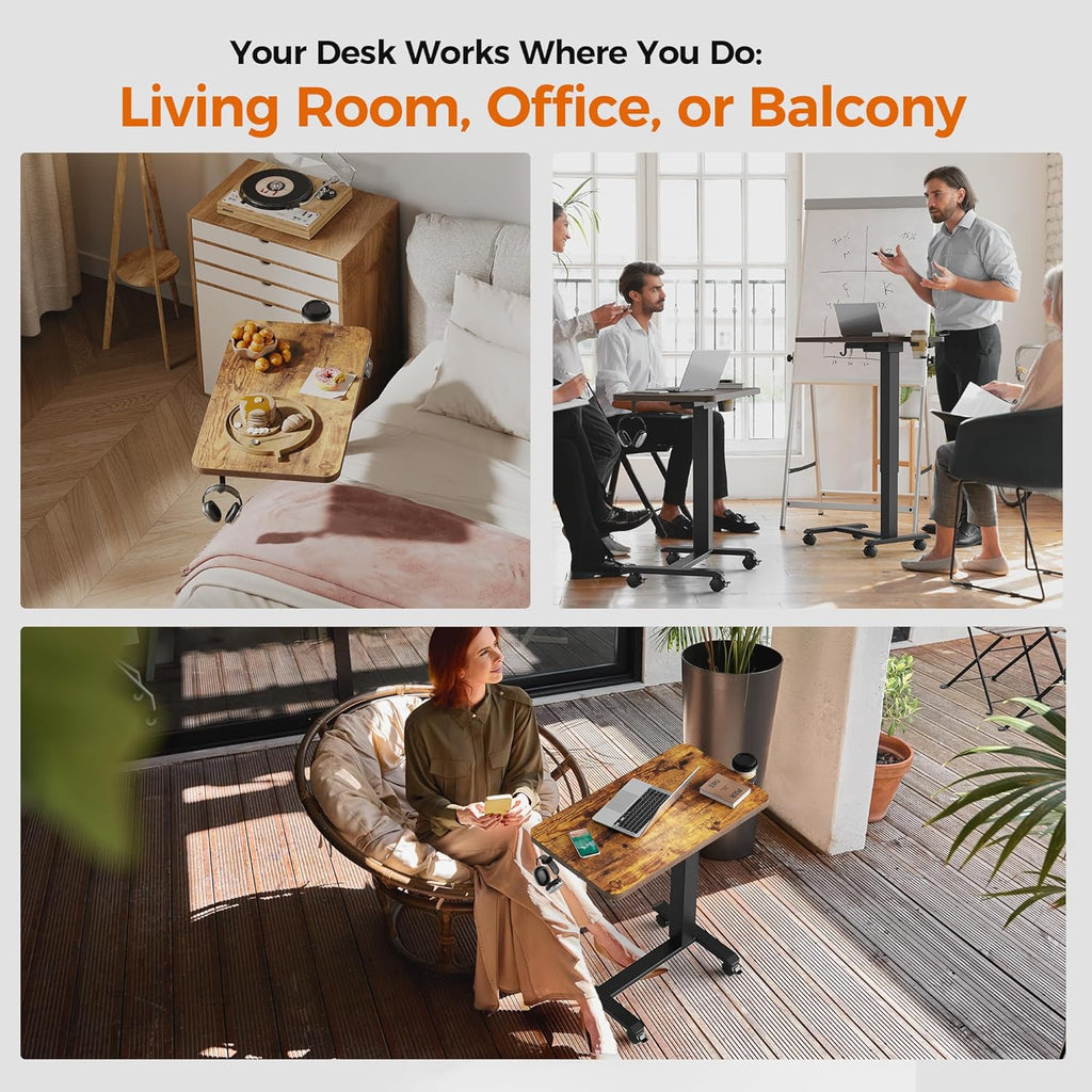 Agilestic Portable Standing Desk Height Adjustable, Mobile Table with Wheels, Small Size Sit Stand Table for Laptops, Rolling Desk for Home, 26" x 15.7"Computer Workstation, Rustic Brown