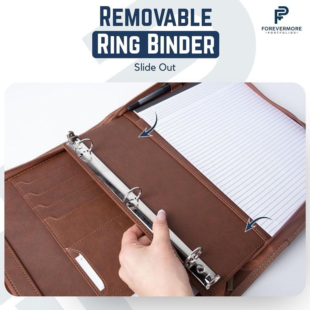 Padfolio Binder - Professional Faux Leather Travel Organizer Pouch for Tablet, Documents, Presentation Folders, Zipper Closure, Removable 3-Ring Notepad - Brown