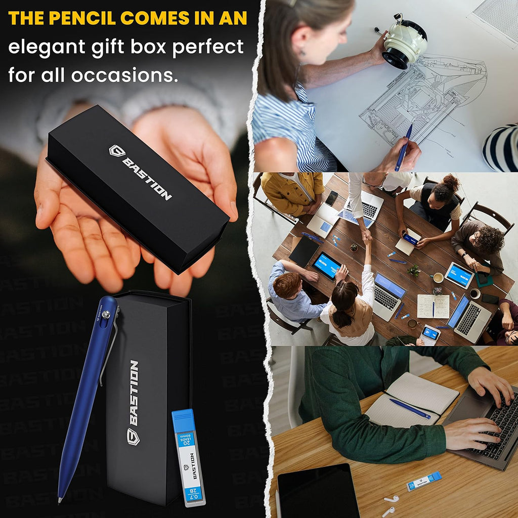 BASTION® Luxury Mechanical Pencil, Professional Lightweight Medium Point Aluminum Pencil for Birthday Gift includes 20 x 0.77mm Lead Refills - Blue