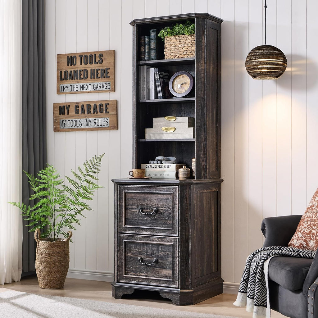T4TREAM 6-Tier Bookcase with 2 File Drawers, 72" Tall Farmhouse Bookshelf with Storage & Adjustable Shelves, Wooden Floor Standing Display Book Shelf Organizer for Home Office, Dark Rustic Oak