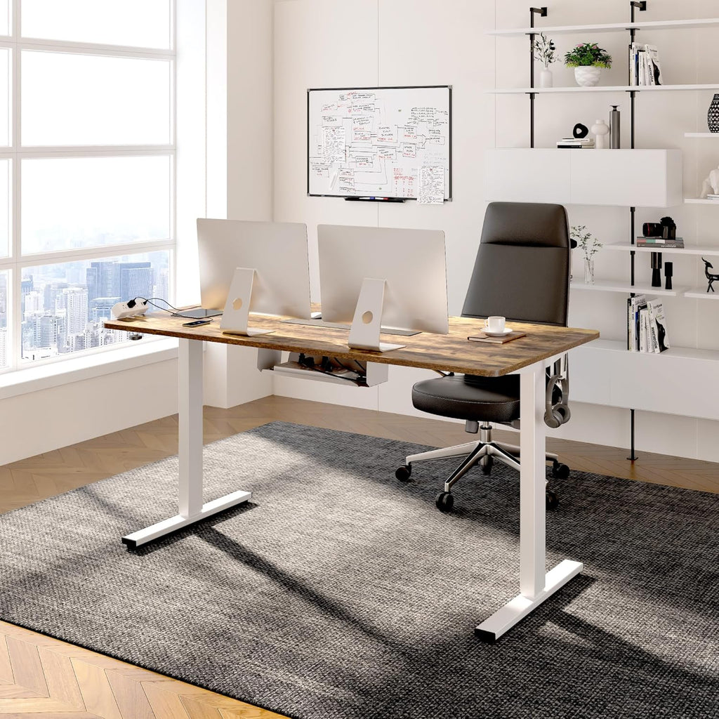 FLEXISPOT EN2 Whole-Piece Standing Desk with Clamp Power Strip, 48 x 30 Electric Stand Up Height Adjustable Desk with Cable Management (White Frame + 48" Rustic Brown Desktop, 2 Packages)
