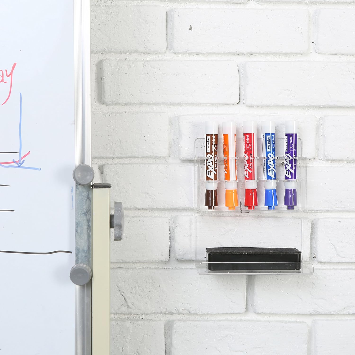MyGift Wall Mounted Clear Acrylic Dry Erase Marker Holder Organizer for 5 Markers and Eraser, Hanging Whiteboard Accessories Rack for Office Home Dorm Classroom Meeting Room
