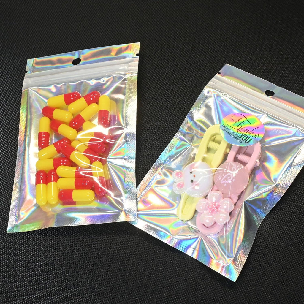 100 Pack Holographic Resealable Plastic Bags for Food Storage, Zipper Bags with Clear Front Window, Packaging Pouch for Small Business (100 Pack, 3x4.8 inch)