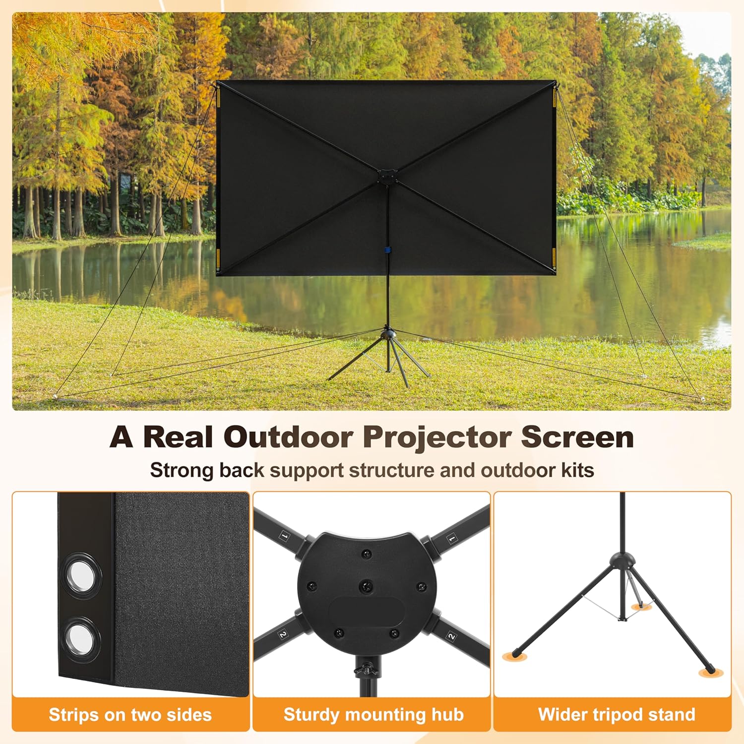 Outdoor Projector Screen 60 Inch, 16:9, High Gain, Projector Screen with Stand, Wind-resistant Design for Portable Projection Screen Outdoor, With Ropes and Spikes, 4K Image for Home Theater, Camping.