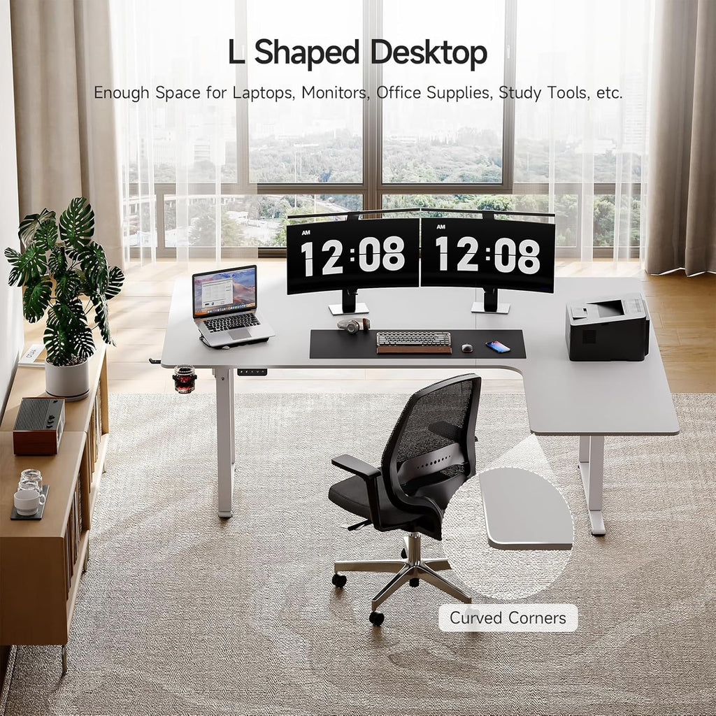 L Shaped Standing Desk, 71x43 Inches Electric L Stand Up Desk with 4 Legs, Dual Motor and Memory Controller, Adjustable Height from 28-46 Inches for Home and Computer Workstation, White