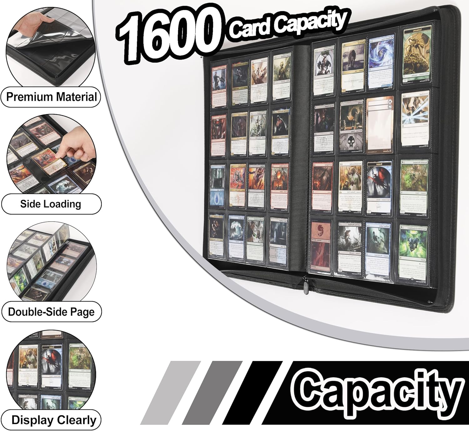 Premium Card Binder 16 Pocket - Fits 1600 Cards，4X4 Ringless Card Album with Sleeves for Trading Cards & Sports Cards（Model C，Classic Black）