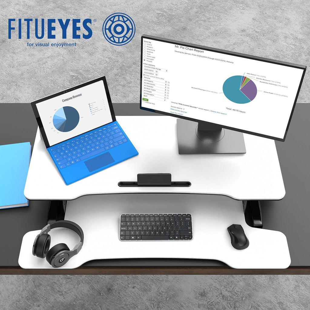 FITUEYES Height Adjustable Standing Desk 36” Wide Sit to Stand Converter Stand Up Desk Tabletop Workstation for Dual Monitor Riser FSD309103WW